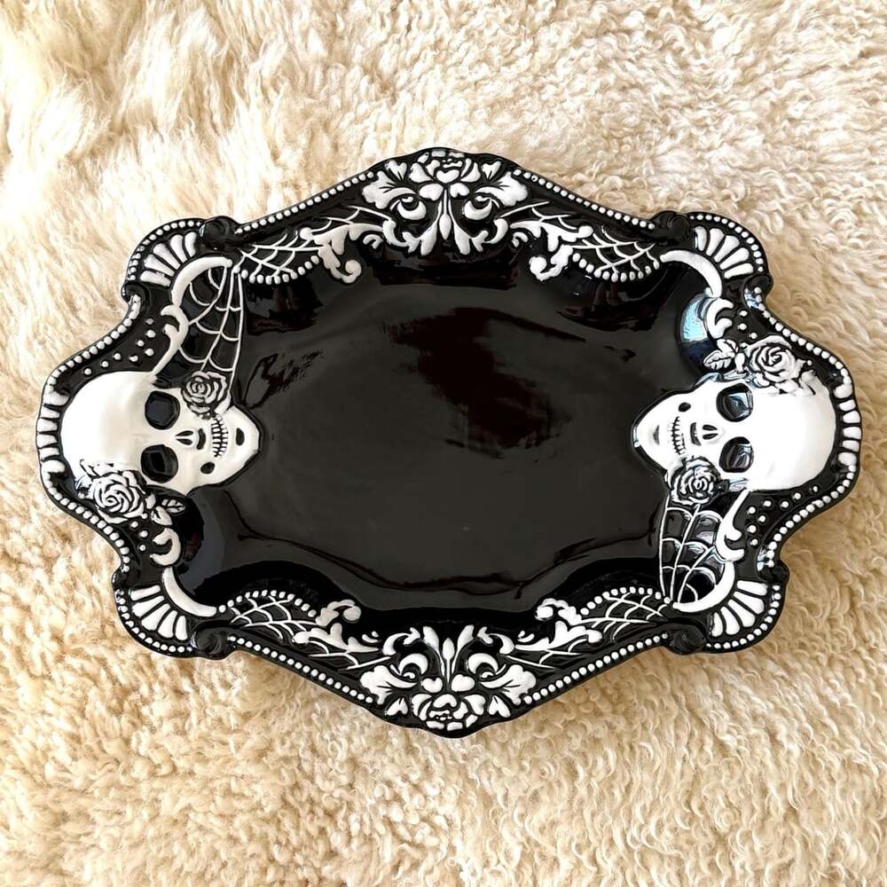At Home Black and White Skulls Ceramic Serving Tray Halloween 15 inch